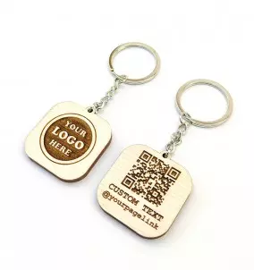 Custom Logo keychain. Choose the logo, QR-code link and custom text that you want engraved on the keychain.