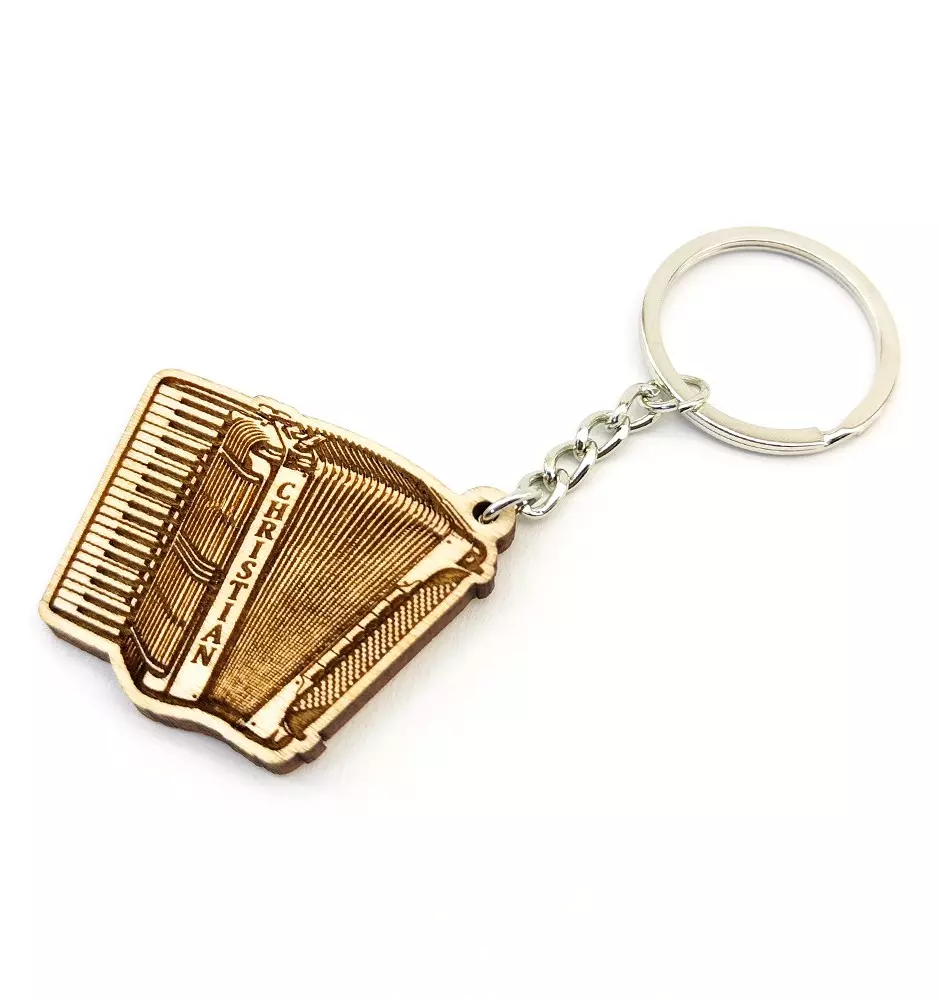 Personalisierter Schifferklavier-Akkordeon-Schlüsselanhänger mit individueller Namensgravur. Geschenk für Akkordeonspieler.