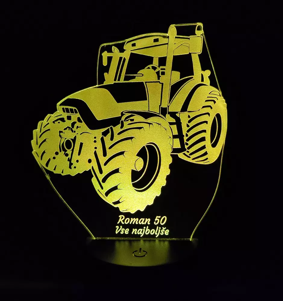 Personalized 3D LED lamp in the shape of a tractor glowing in a yellow color.
