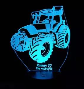Personalisierte 3D-LED-Lampe in Form eines blau leuchtenden Traktors.
