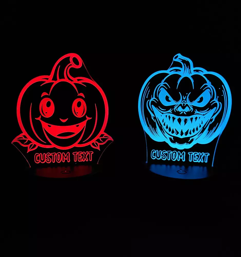 Halloween Pumpkin LED Night Light With Custom Text. Scary and Friendly Pumpkin LED Lamp.