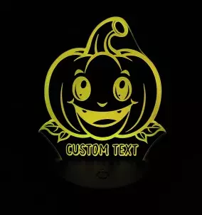Friendly Halloween pumpkin LED night light with personalized text.