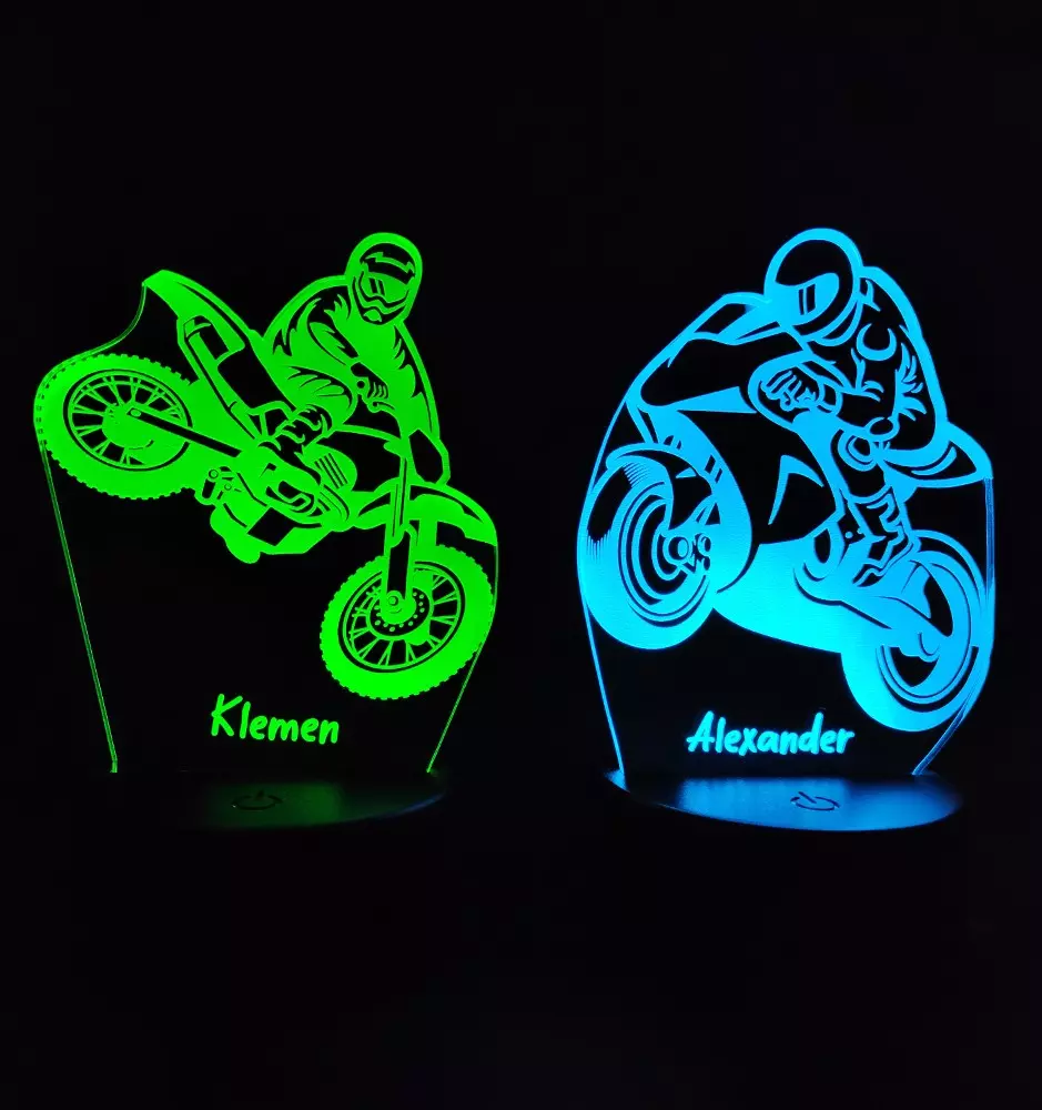 3D LED night light / lamp in the shape of a motorbike with a text of your choice. A gift for motorsport lovers.