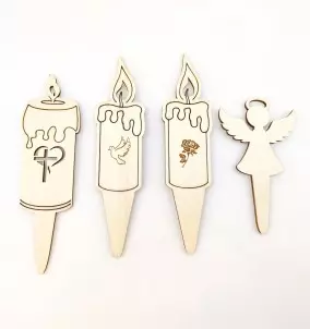 Set aus 4 verschiedenen Holzkerzen mit Erdspieß. Kreuz, Friedenstaube, Rose und Engel.