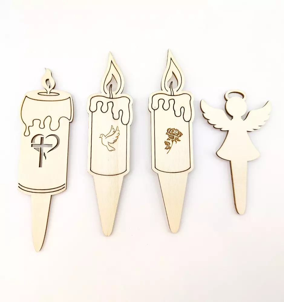 Set of 4 different wooden candles with ground stake. Cross, peace dove, rose and angel.