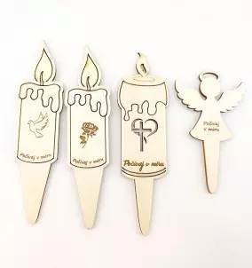 Set aus 4 verschiedenen Holzkerzen mit Erdspieß. Kreuz, Friedenstaube, Rose und Engel.