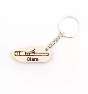 Personalized wooden trombone keychain with engraved name – gift for musicians