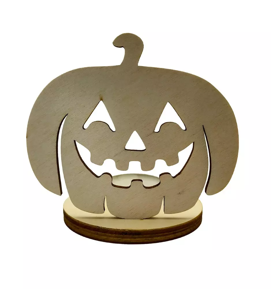 Unique Wooden Halloween Candle Holder / Stand Smiling Pumpkin
