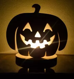 Einzigartiger Halloween-Kerzenhalter aus Holz / Stand lächelnder Kürbis
