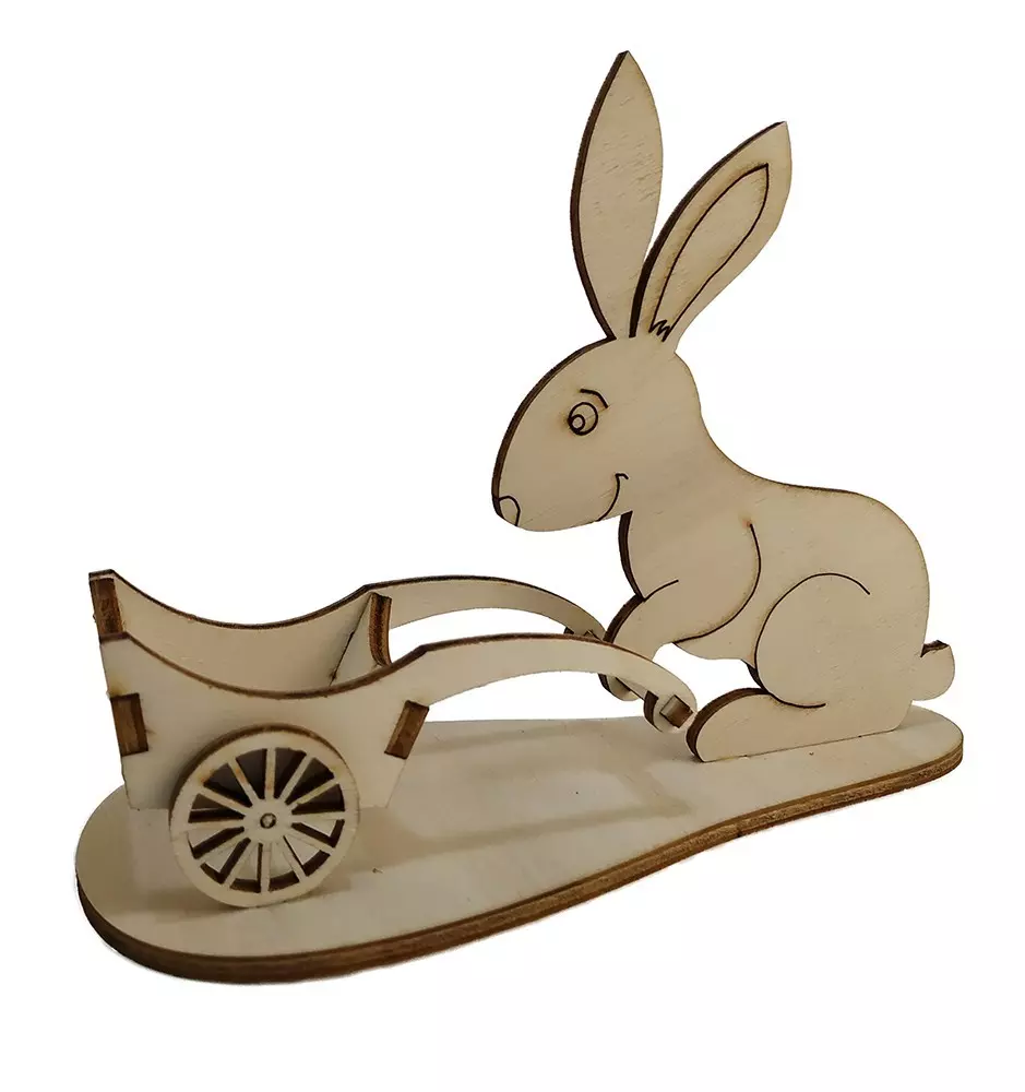Easter bunny with a wheelbarrow for easter eggs - front view