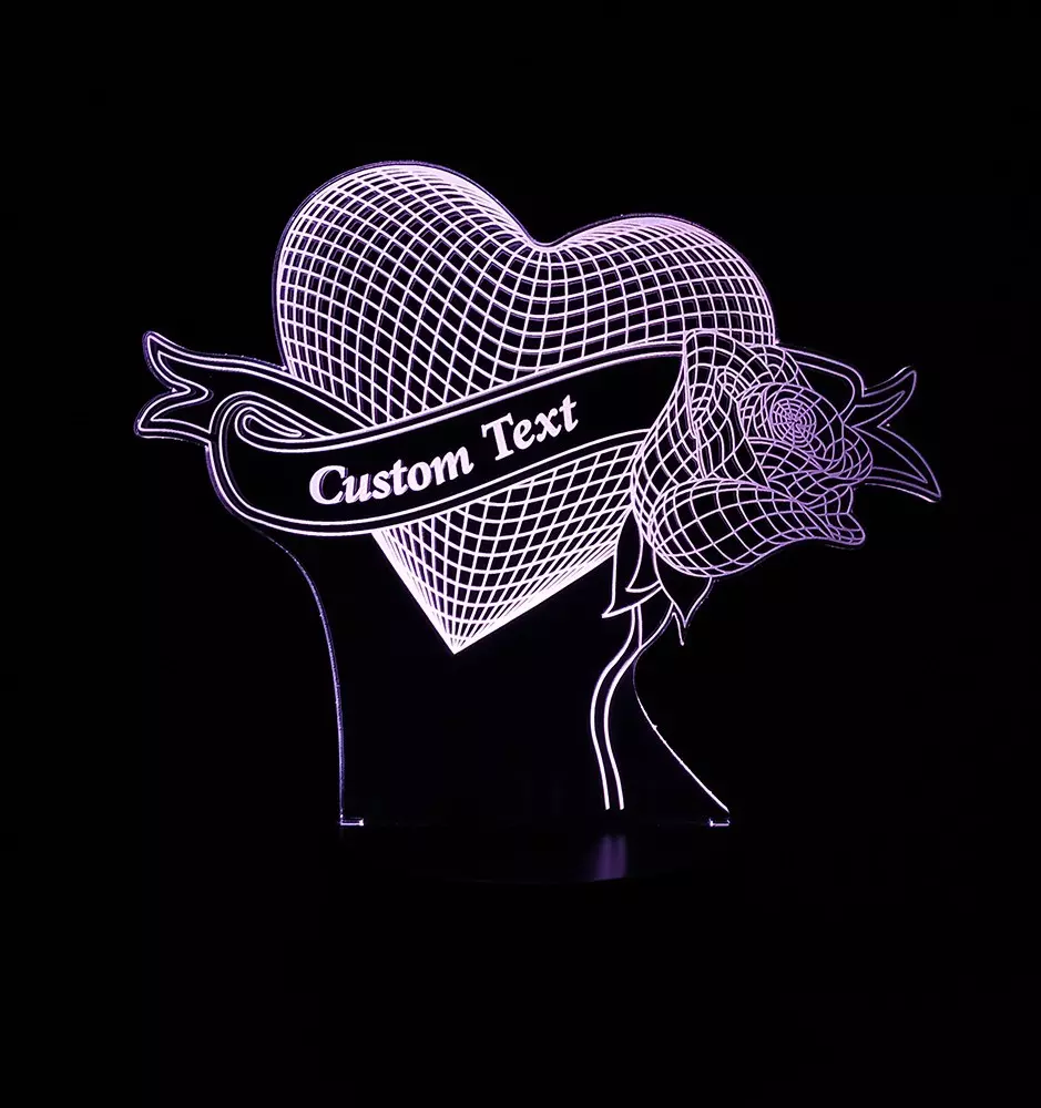 Lampe LED 3D Personnalisée Amour Coeur & Rose - Cadeau Saint Valentin