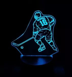 Personalized Hockey Player Night Light - Customizable 3D LED Lamp in Blue Color. Choose name and number on the jersey.