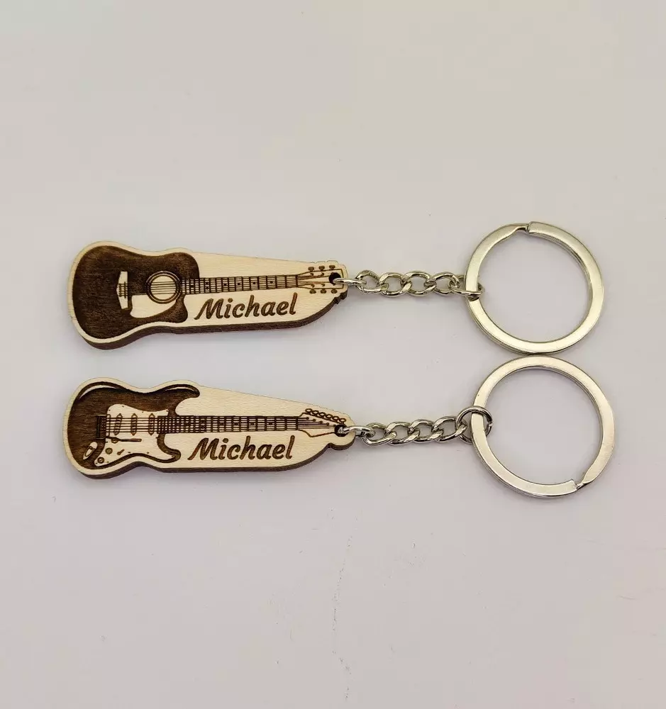 A photo of the personalized acoustic and electric guitar keychains, showcasing the intricate design and custom name engraving. A photo of the personalized acoustic and electric guitar keychains, showcasing the intricate design and custom name engraving.