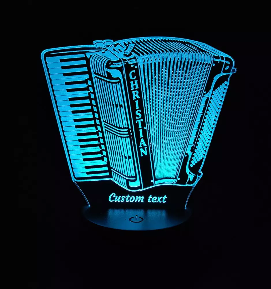 Personalizirane 3D LED svetilka v obliki klavirske harmonike, ki sveti v modri barvi.