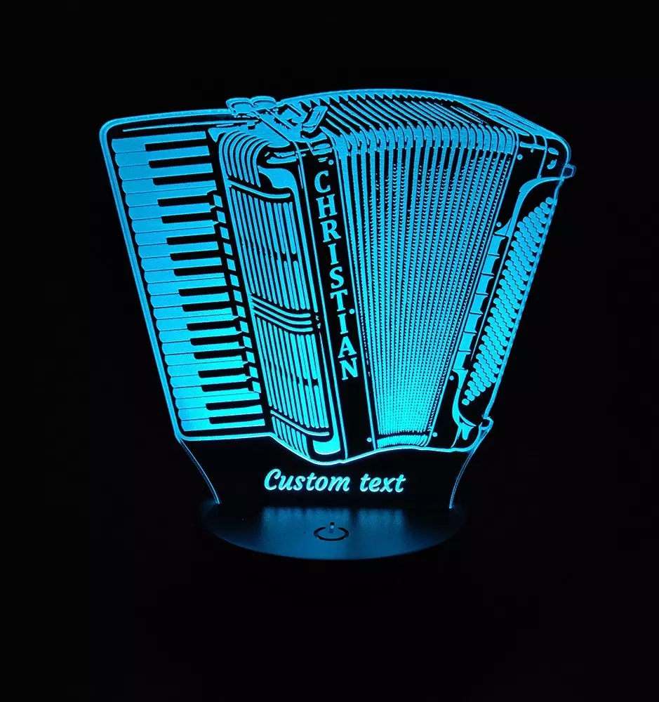 Lampe LED 3D personnalisée en forme de piano-accordéon brillant de couleur bleue.