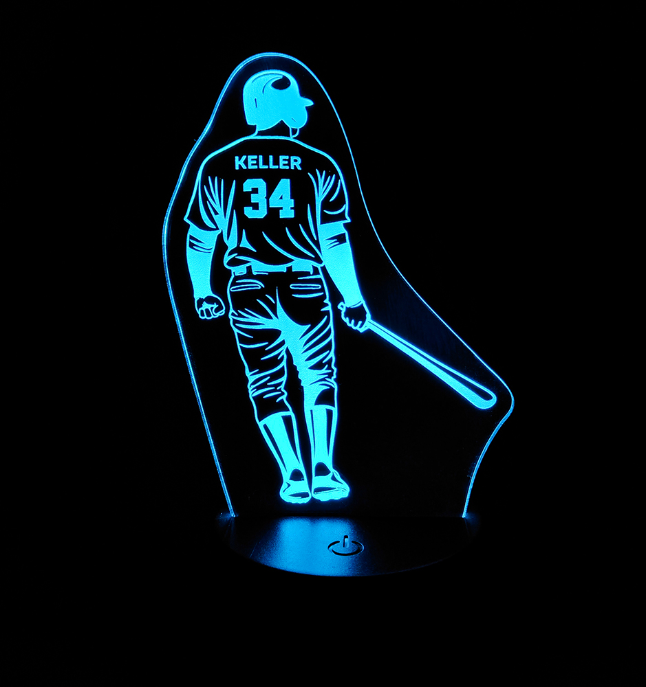 Baseball 3D LED nočna lučka/lučka z imenom po izbiri in številko, ki sije v modri barvi