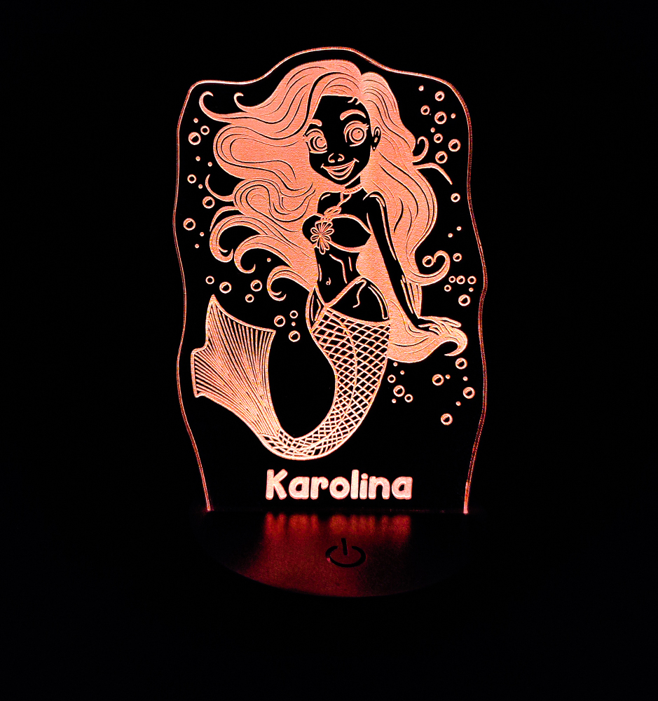Mermaid 3D LED Night Light / Lamp With Custom Name Shining in Red color