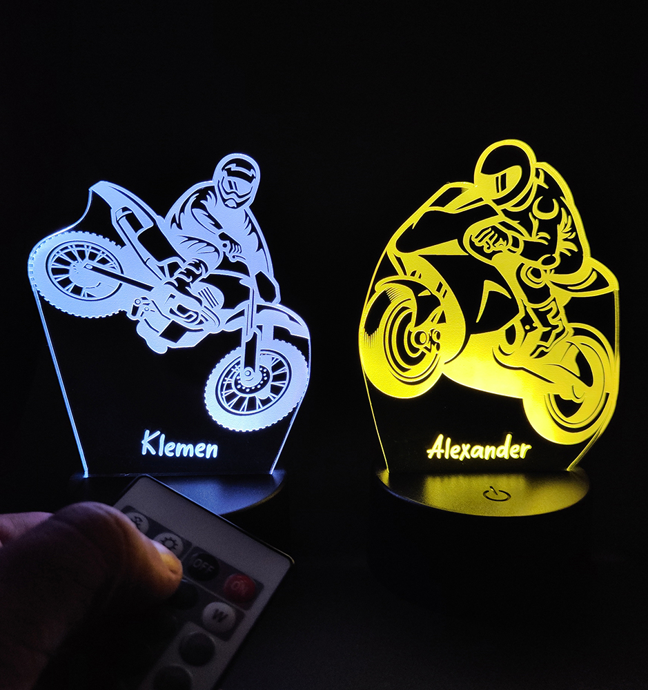 Veilleuse/lampe LED 3D moto avec nom personnalisé. Les couleurs peuvent être modifiées à l'aide de la télécommande.