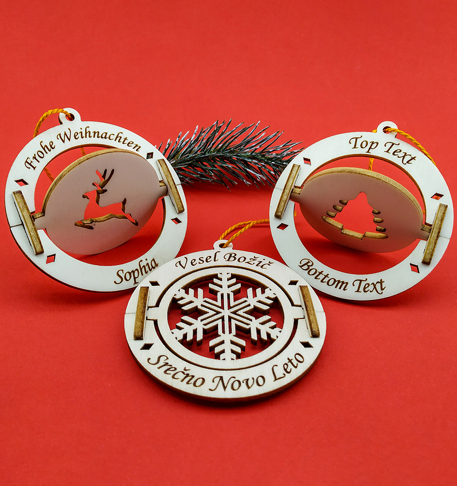 Personalized Spinning Christmas Ornaments With Custom Text - Reindeer, Christmas tree or snowflake design.